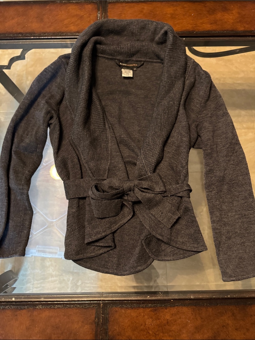 BCBGMaxAzria 100% wool Charcoal Gray Shawl-Collar Tie-Waist Cardigan